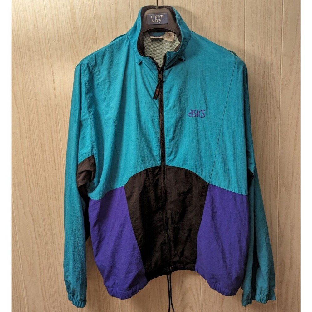 Vintage ASICS Windbreaker Purple Teal Jacket Size L Large Women's Unisex Hooded